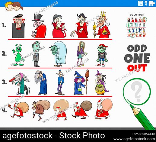 Cartoon illustration of odd one oute picture in a row educational game for elementary age or preschool children with Christmas and Halloween holiday characters
