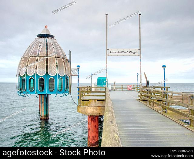 Zingst Germany - January 25 2018: Art and attraction on the seebruecke - wooden sea bridge in Baltic sea. Darss peninsula Fischland-Darss-Zingst Germany