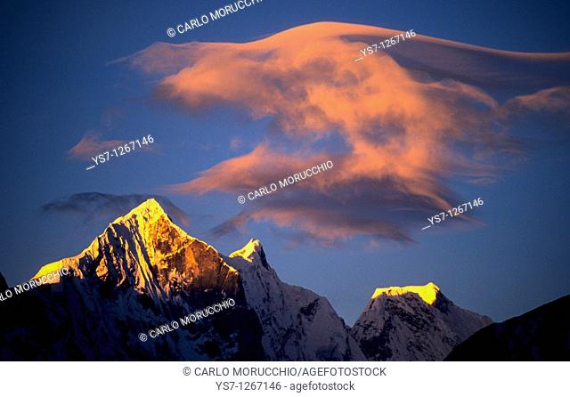 6000 meters high peak seen at sunset from Tengboche monastery on Everest trail, Khumbu region, Nepal