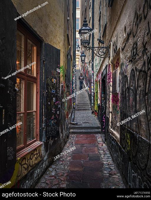 Narrow alley MÃ¥rten Potsigs GrÃ¤nd in old town Gamla Stan in Stockholm in Sweden