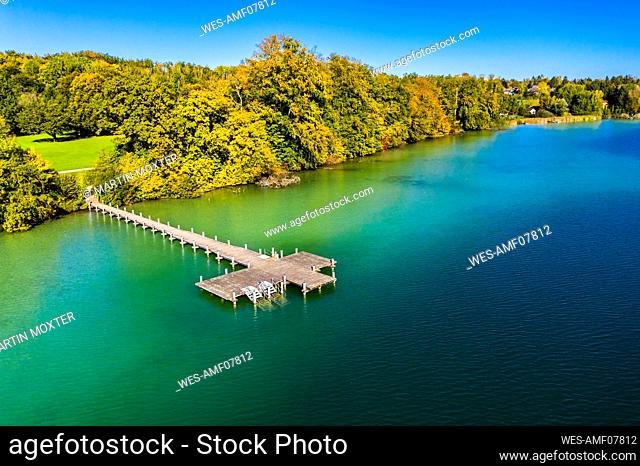 Germany, Bavaria, Bachern, Stranberg district, Aerial view of pier on Worth lake