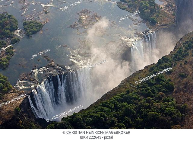 Helicopter flying above Victoria Falls, Zambia, Zimbabwe, Africa