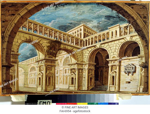 Stage design for a theatre play. Dadonov Brothers, Jacob and Vasili (active 1790s-1800s). Tempera and gold on canvas. Theatrical scenic painting