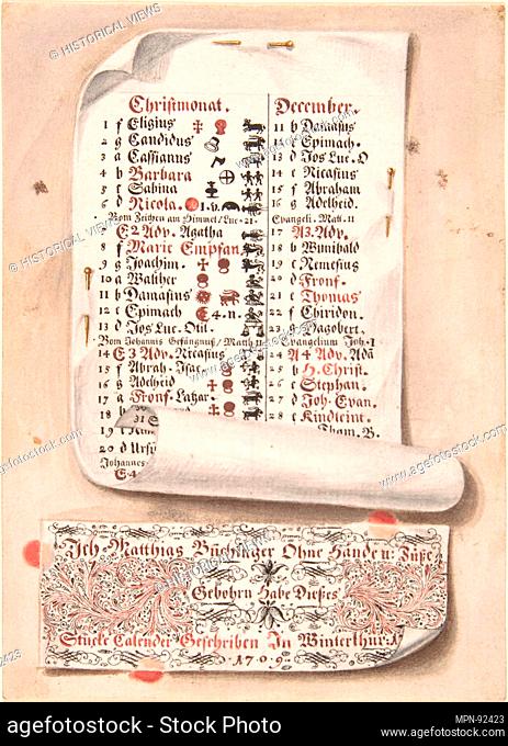 Calligraphic Trompe-l'Å“il Calendar. Artist: Matthias Buchinger (German, Ansbach 1674-1739); Date: 1709; Medium: Pen and red, brown, and black ink