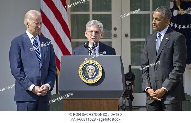Judge Merrick Garland, chief justice for the United States Court of Appeals for the District of Columbia Circuit, center, US President Barack Obama's, right