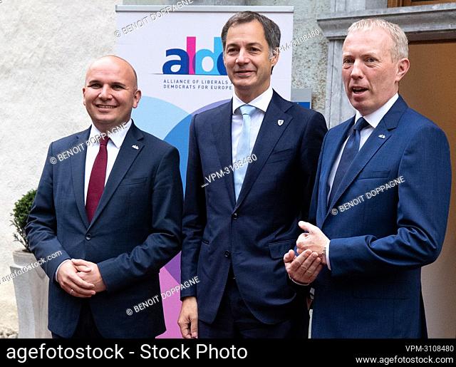 Bulgarian MP Ilhan Kyuchyuk, Belgian Prime Minister Alexander De Croo and Irish Senator Timmy Dooley pictured ahead of a meeting of the ALDE European liberal...