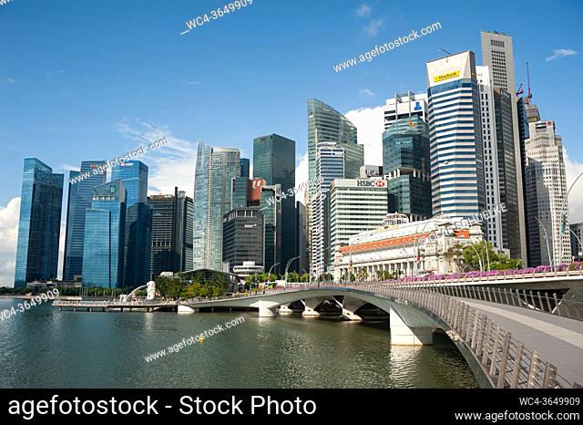Singapore, Republic of Singapore, Asia - Cityscape of the skyline and the skyscrapers of the central business district at Marina Bay