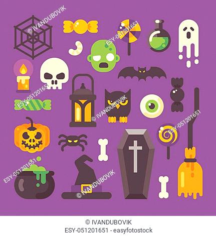 Set of Halloween items. Horror flat icons on purple background. Trick or treat
