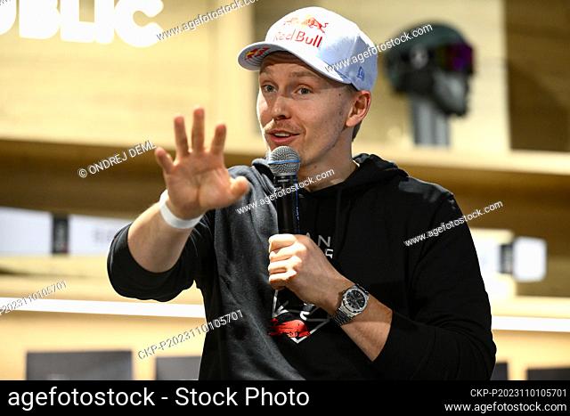Norwegian alpine ski racer Henrik Kristoffersen speaks during a press conference in Prague, Czech Republic, November 1, 2023. (CTK Photo/Ondrej Deml)