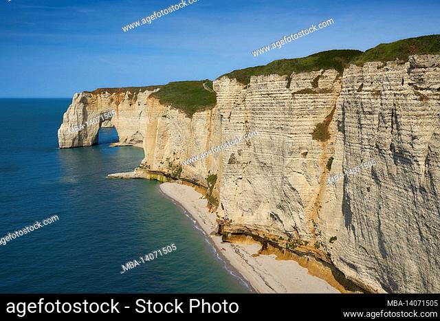 europe, france, normandy, etretat, sea, coast, tourism, chalk cliffs, cliffs, beach, blue, coastal town