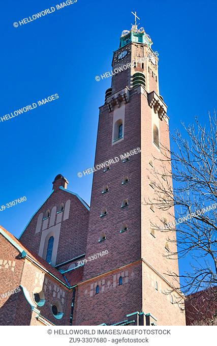 Tower of Engelbrekt Church (Engelbrektskyrkan) an example of National Romantic architecture, Larkstaden, Ostermalm, Stockholm, Sweden, Scandinavia