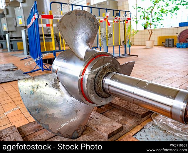 Detail of pump propeller with partial blades as archimedes screw. 500mm waste water screw pump. Powered by electric motor or engine