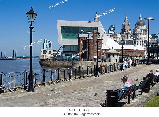 View from Albert Dock, towards the new Museum of Liverpool and the Three Graces, Liverpool, Merseyside, England, United Kingdom, Europe