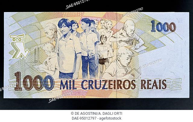 1000 cruzeiros reais banknote, 1993, reverse, students and teacher. Brazil, 20th century