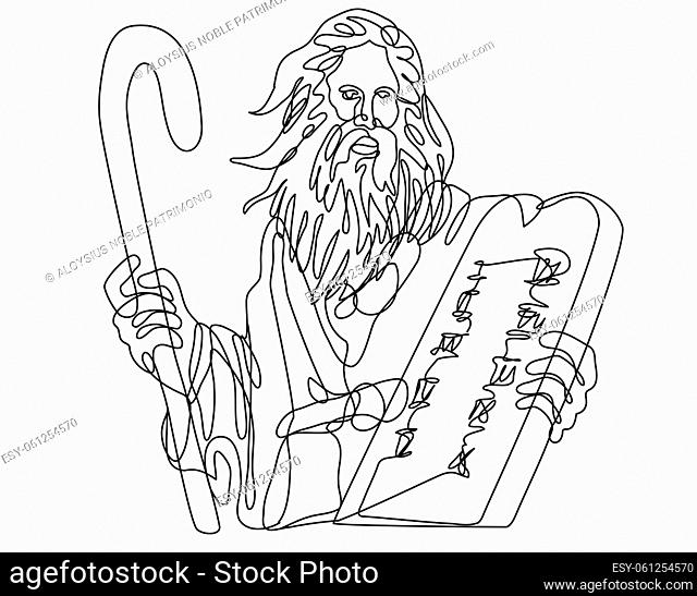Continuous line drawing illustration of the Prophet Moses with staff holding a stone table with ten commandments done in mono line art doodle style in black and...