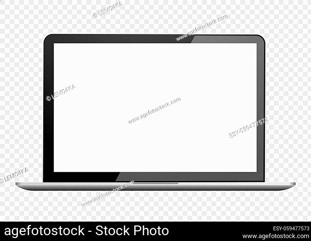 Realistic laptop front view. Notebook computer with empty screen. Portable PC blank screen. illustration isolated on background