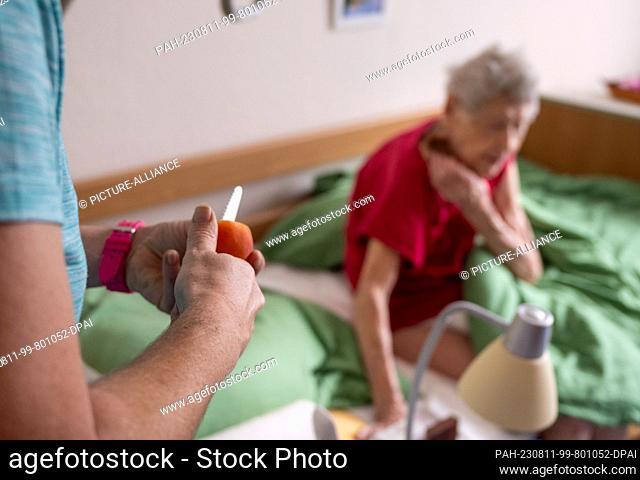 PRODUCTION - 31 July 2023, Berlin: Nurse Ramona Rössner cuts fruit for a snack during an outpatient visit to her patient, 97-year-old senior Brigitte Richter