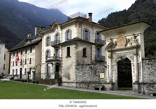 Lawn in front of buildings, Cevio, Vallemaggia, Switzerland