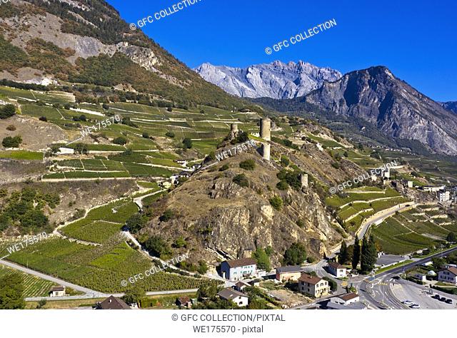 Castle hill with towers of the ruins of the Saillon castle, Saillon, Valais, Switzerland