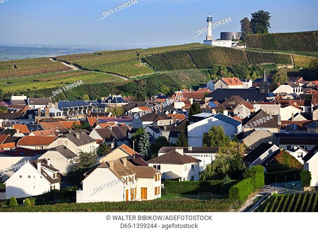 France, Marne, Champagne Ardenne, Verzenay, Musee de la Vigne lighthouse and town