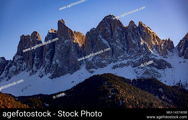 The Dolomites in winter at the Italian Alps are a Unesco World Heritage Site