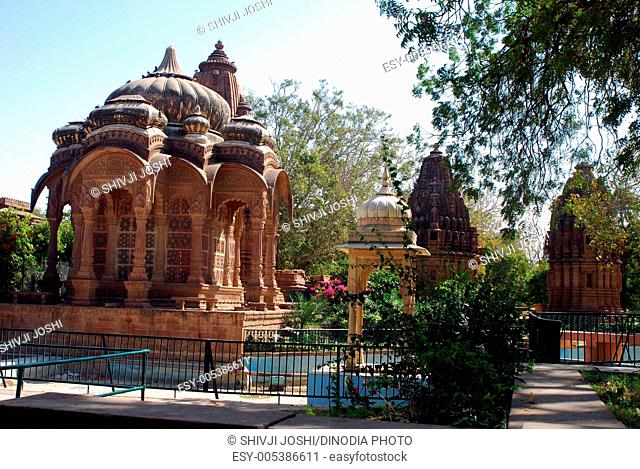 Chhattrian or cenotaphs of old rulers of Marwar in Mandor Mandore garden ; Jodhpur ; Rajasthan ; India