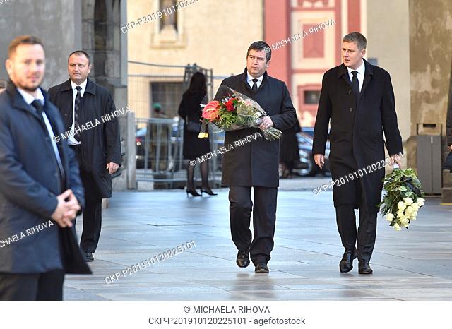 Czech Interior Minister Jan Hamacekm left, and Czech Foreign Minister Tomas Petricek attend a mourning ceremony to Czech pop singer Karel Gott in St Vitus...