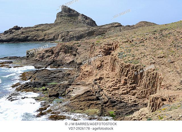 Dacite prisms in Punta Baja. Cabo de Gata-Nijar Natural Park, Almeria province, Andalucia, Spain
