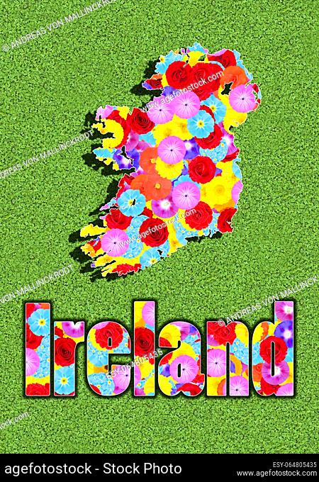 outline and written word of Ireland, with colorful flowers on a green meadow, graphic, writing