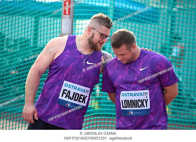 Winner hammer thrower Pawel Fajdek from Poland (left) and third placed Marcel Lomnicky from Czech Republic (right) during the IAAF World Challenge Ostrava...