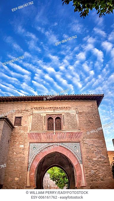 Alhambra Palace Arch Moorish Patterns Granada Andalusia Spain. Alhambra is the last Moorish Moslem Palace that was conquered by King Ferdinand and Queen...