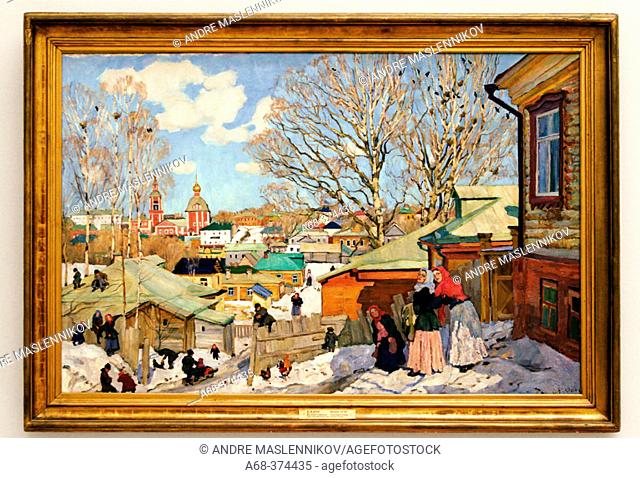 A sunny day in april in Sergiev Posad, painting by Konstantin Yuon (1910)