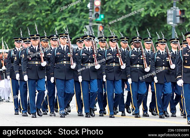 Washington, D.C., USA - May 28, 2018: The National Memorial Day Parade, Members of the United States Army marching down Constitution Avenue
