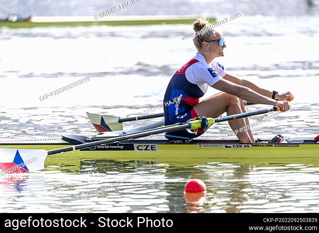 Czech Lenka Antosova competes in the Men's Single Sculls Final B during Day 8 of the 2022 World Rowing Championships at the Labe Arena Racice on September 25
