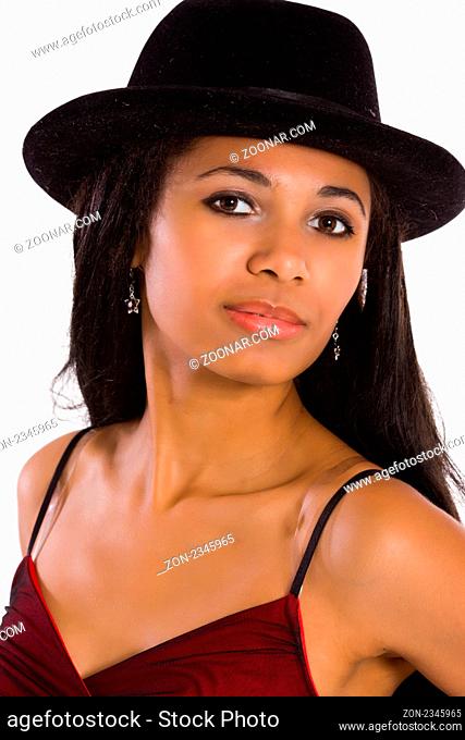 beautiful young woman wearing hat isolated on white
