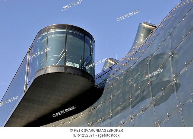 Detail of The Needle, glass viewing platform, and the facade of the modern building of the Kunsthaus, Museum of Contemporary Art