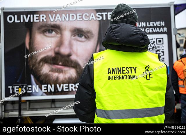 Illustration picture shows an action in support of Olivier Vandecasteele, organised by the Olivier Vandecasteele Support Committee and Amnesty International