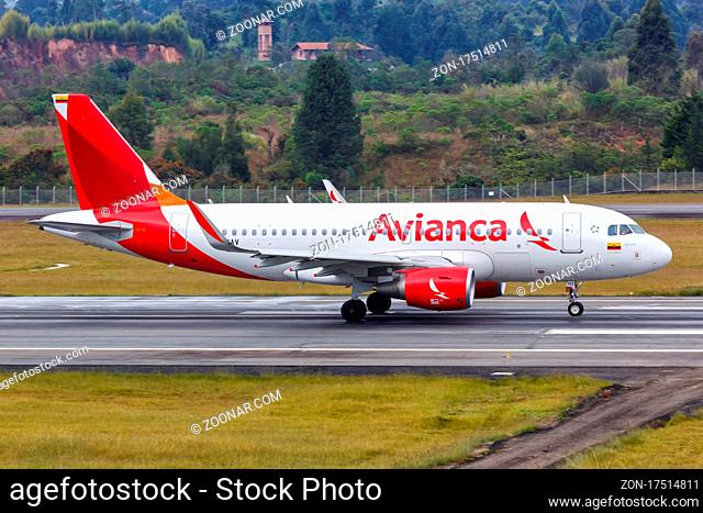 Medellin, Kolumbien - 25. Januar 2019: Ein Airbus A319 Flugzeug der Avianca mit dem Kennzeichen N753AV auf dem Flughafen Medellin Rionegro (MDE) in Kolumbien
