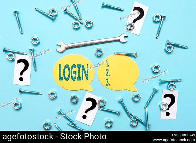 Text sign showing Login, Internet Concept Entering website Blog using username and password Registration New Ideas Brainstoming For Maintenance Planning...