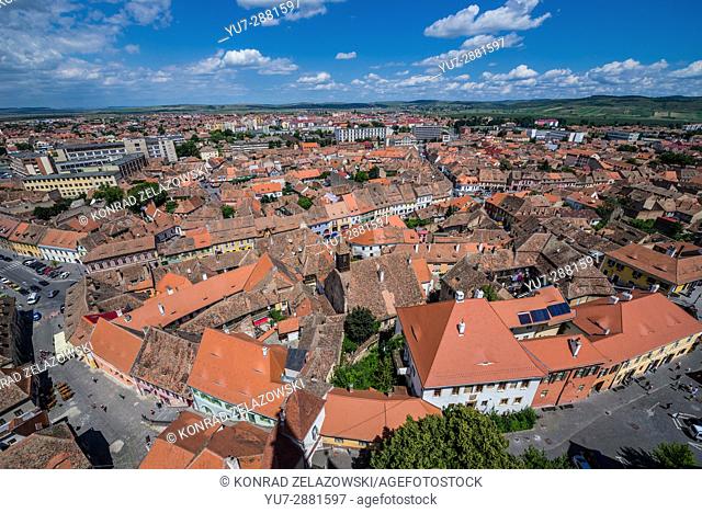 Aerial view from Lutheran Cathedral of Saint Mary in Historic Center of Sibiu city of Transylvania region, Romania. Asylum Church on the middle