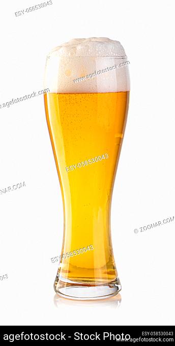 cold beer in glass on white background
