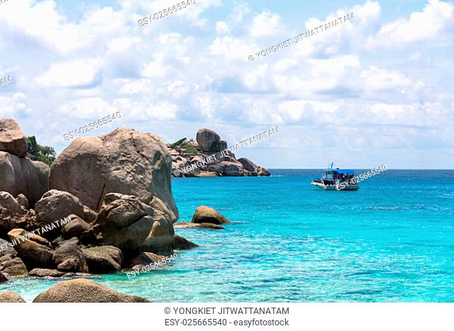 Beautiful landscapes of sky over the sea and tourist boat in the summer at Koh Miang island is a attractions famous for diving in Mu Ko Similan National Park