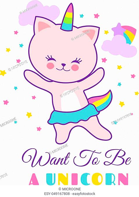 Funny pet white cat unicorn. Cute vector graphics for little girl t-shirts. Animal character unicorn kitten illustration