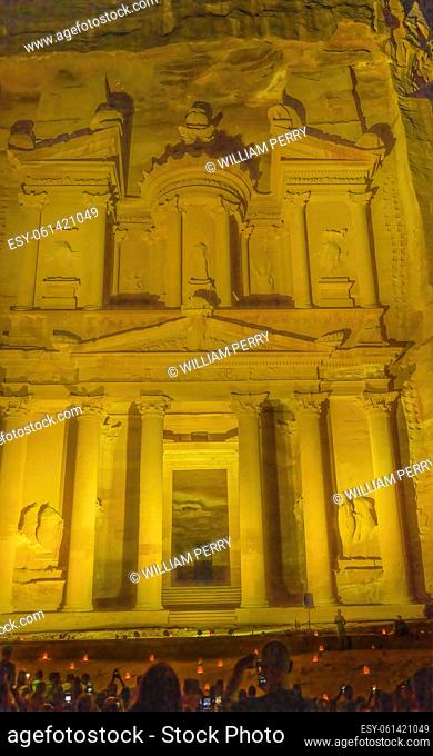 Yellow Treasury Illuminated Night Small Fires Petra Jordan Built by Nabataens in 100 BC Petra at Night is special presentations for Tourists