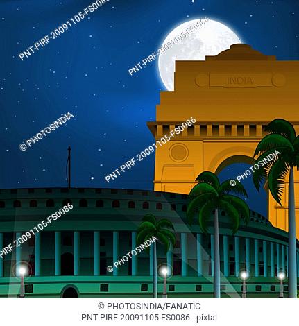Moon glowing over government buildings, Sansad Bhawan, India Gate, New Delhi, India