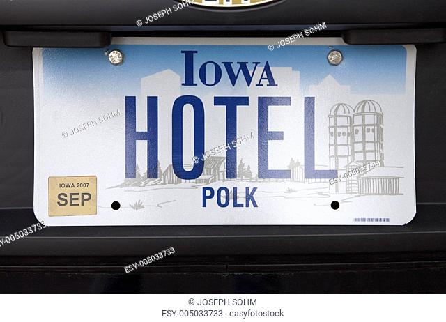 License plate from Iowa reading Hotel
