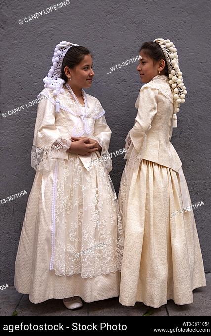 Girls with goyesque costume during the traditional celebration of Los Mayos of Madrid, MADRID, SPAIN, EUROPE