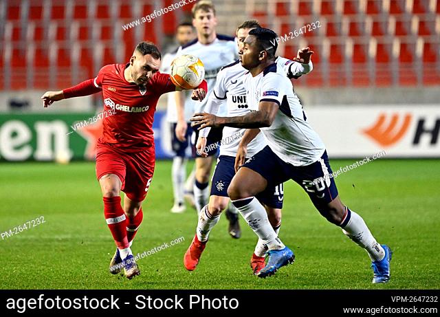 Antwerp's Birger Verstraete and Rangers' Alfredo Morelos pictured in action during a soccer game between Belgian club Royal Antwerp FC and Scottish Rangers F