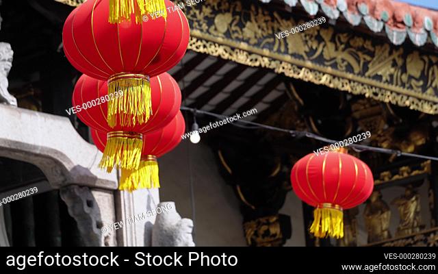 Red lantern decoration with background of temple architecture