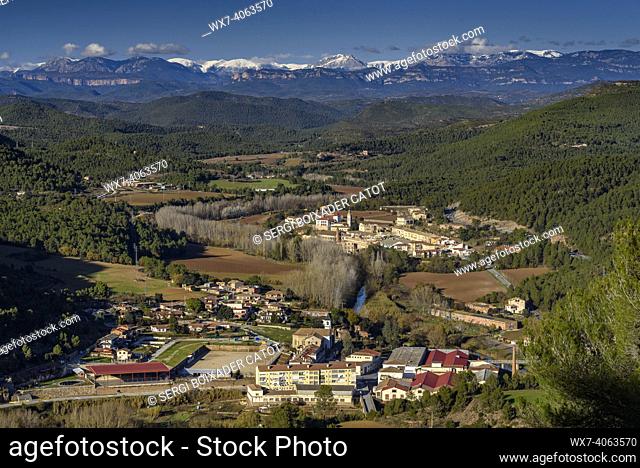 Cardener valley and the industrial colonies of PalÃ  and Valls de Torruella. In the background, the Pyrenees (NavÃ s, Barcelona, Catalonia, Spain)